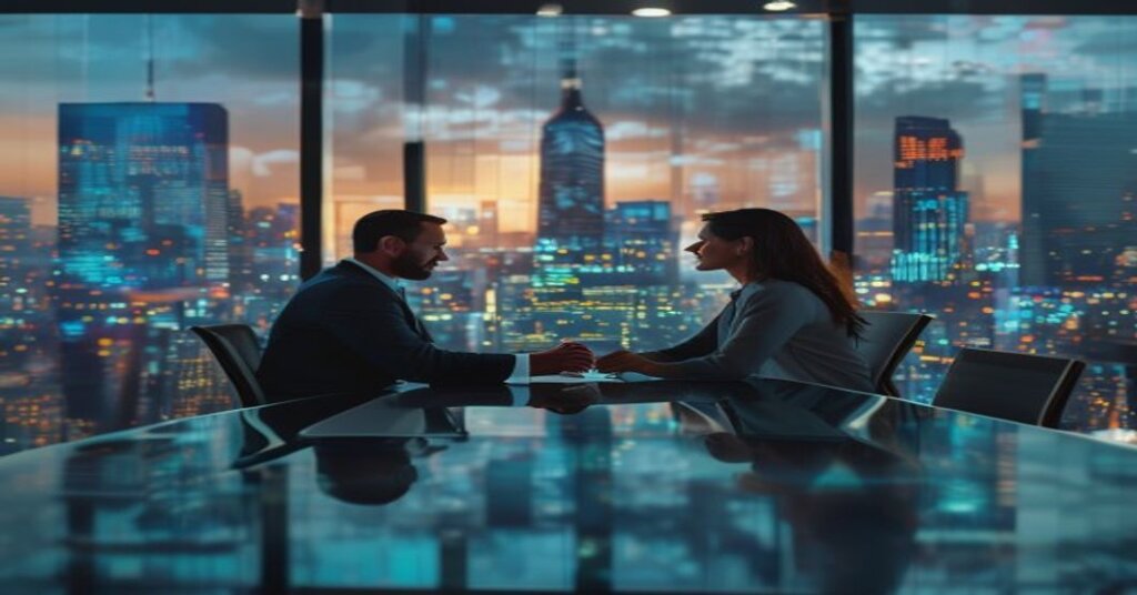 US company executive and Israeli freelancer reviewing compliance contract in Tel Aviv office