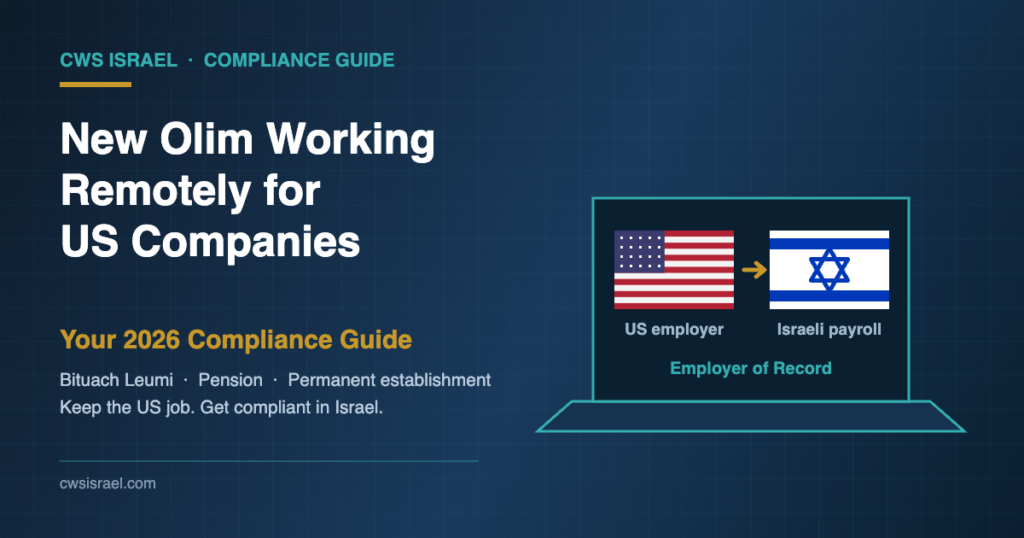 New Olim working remotely for US companies: US flag and Israeli flag on a laptop screen linked by an Employer of Record arrow