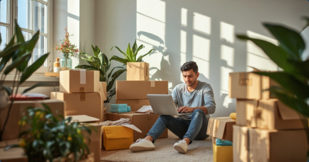 Making Aliyah and Keeping Your Job: The 2026 Guide for US Citizens 9 Person sitting among moving boxes working on a laptop