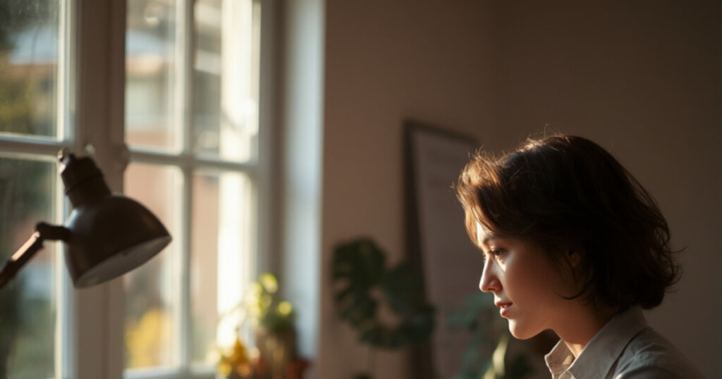 Freelancer reviewing tax forms at a desk near a window