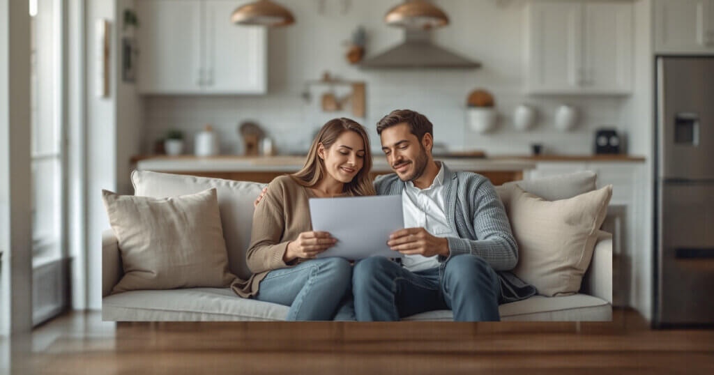 Employer of Record in Israel | Israel EOR & AOR Experts 287 New Olim couple reviewing a rental lease for EOR Israel New Olim employment proof in a bright Tel Aviv apartment