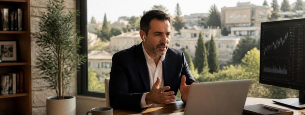 CFO Aliyah: Safely Keep Your US Job via EOR in Israel (2026) 1 Finance executive on a video call from a Jerusalem home office, working through a CFO aliyah EOR Israel arrangement
