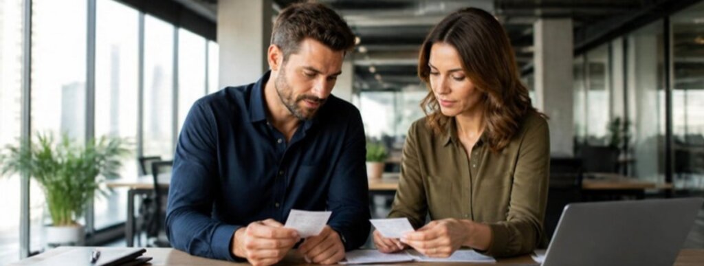 Finance team comparing a corporate debit card vs reimbursements by reviewing expense receipts at an office desk