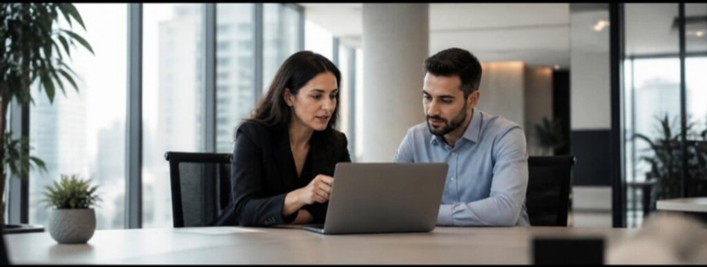 Dmei Havraah Recovery Pay Israel: 2026 Employer Guide 5 HR manager and employee reviewing Dmei Havraah recovery pay Israel figures on a laptop in a Tel Aviv office
