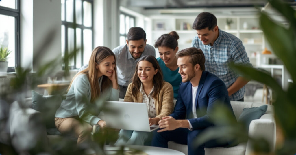 Employer of Record for Tel Aviv Startups: Fast Hiring, Full Compliance 10 Startup team collaborating around a laptop in a modern office