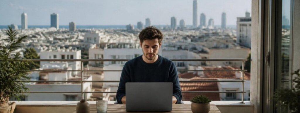 European olim Israel employment professional working remotely on a laptop on a Tel Aviv balcony