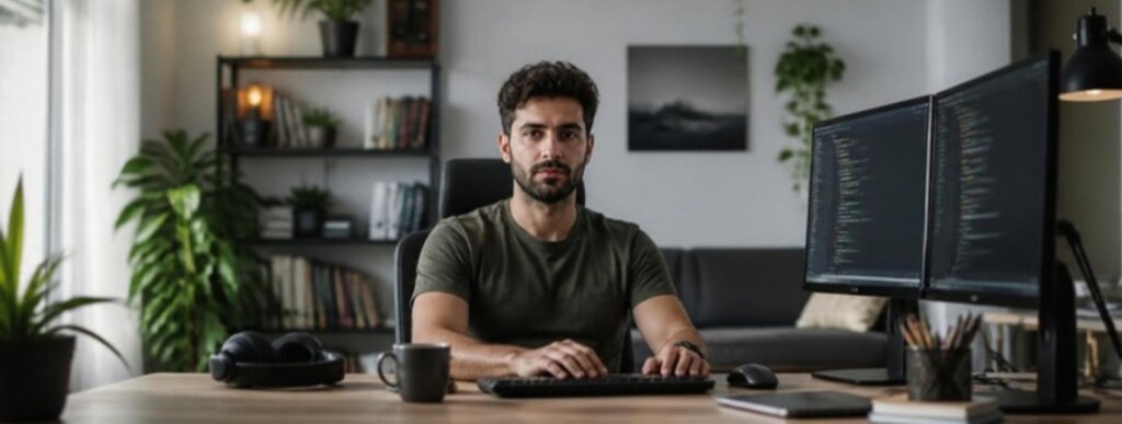Israeli freelance developer at a home office with code on two monitors, working for USD clients
