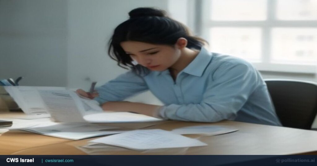Israeli freelancer reviewing invoice deductions Israel paperwork and a calculator at a desk in Tel Aviv