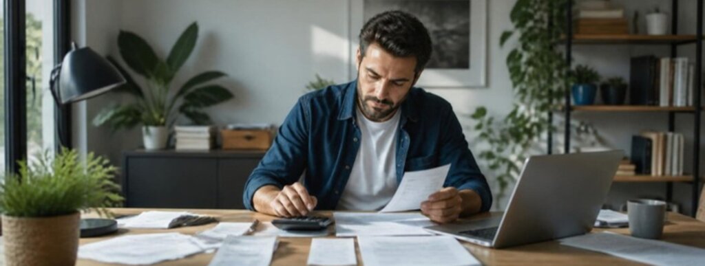 Israeli freelancer sorting freelancer invoice and tax deduction receipts with a calculator and laptop
