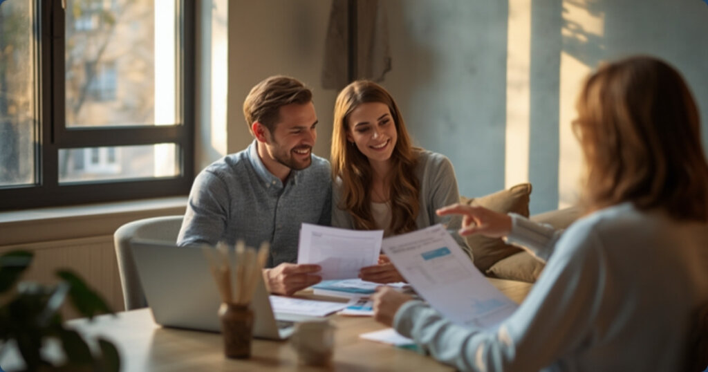 Freelancer Mortgage in Israel: What the Banks Actually Want in 2026 2 Couple reviewing mortgage paperwork with an advisor at a desk
