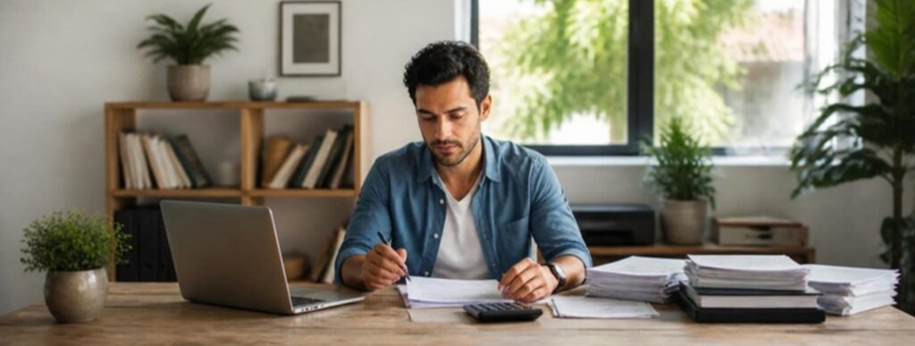 Israeli freelancer preparing a freelancer tax return Israel at a home office desk with documents and a calculator