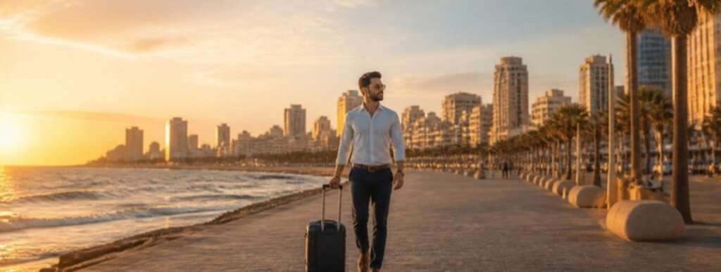 Global Mobility to Israel: A Clear, Complete 2026 EOR Guide 10 Professional with a suitcase on the Tel Aviv beachfront promenade at sunset, representing global mobility to Israel