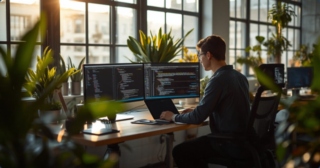 Developer working at a standing desk with multiple monitors surrounded by plants