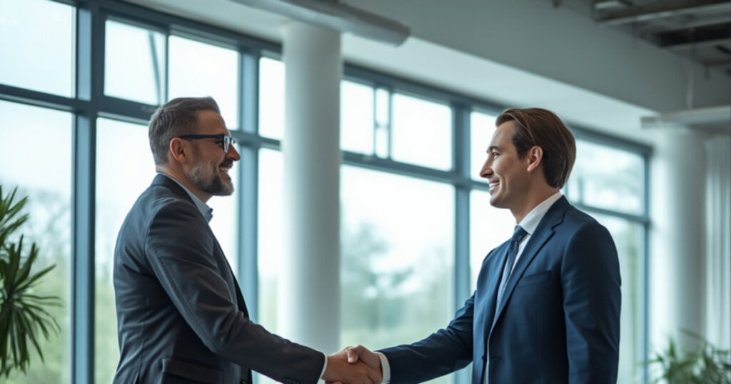 Two professionals shaking hands after a successful hiring agreement