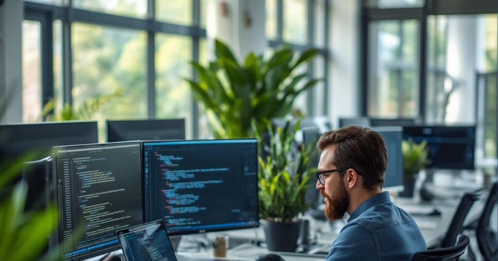 Hire Software Engineers in Israel: EOR Guide for Tech Companies (2026) 9 Software engineer working at a multi-monitor desk in a modern office