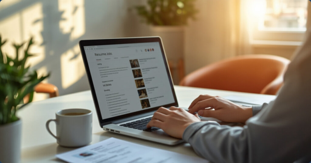 Person job searching on a laptop with a resume and coffee