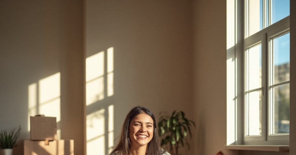 Smiling new immigrant settling into a bright new home