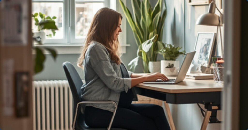 Pregnant professional working comfortably at a home office desk
