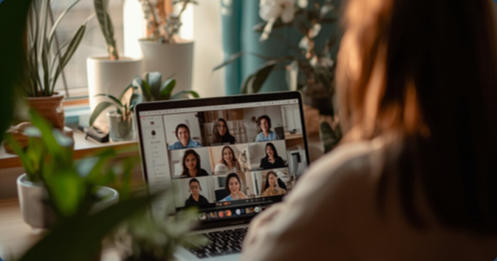 Person on a video call with colleagues from a plant-filled home office