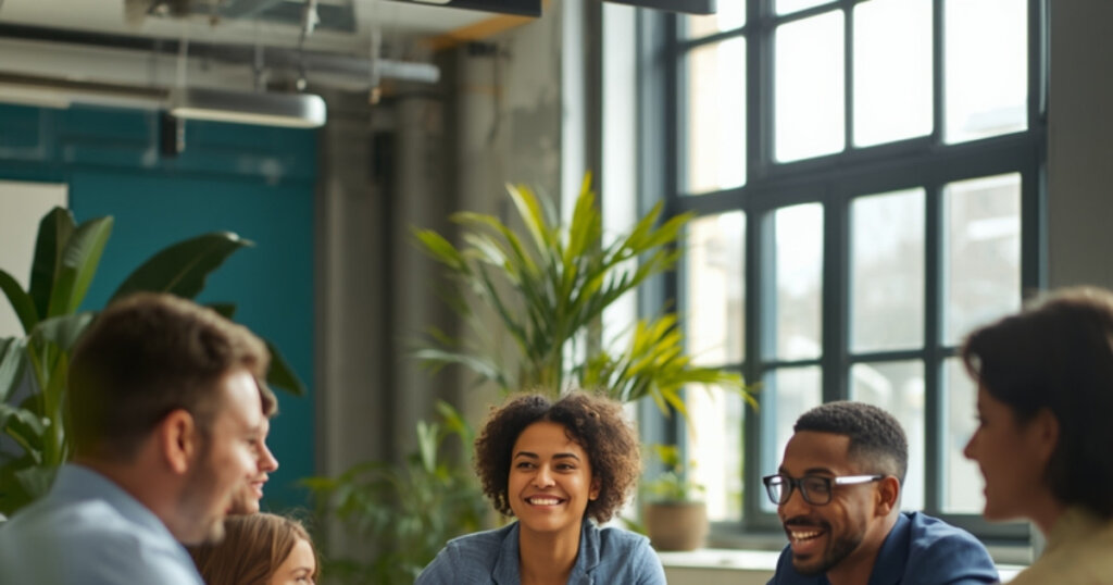 Diverse group of professionals in a friendly meeting