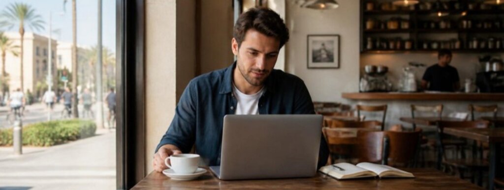 Job Search in Israel for English-Speaking Olim: 2026 Guide 1 English-speaking oleh reviewing a resume on a laptop in a Tel Aviv cafe during a job search in Israel