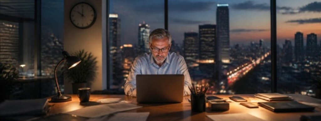 Senior manager working late in a Tel Aviv office at dusk, illustrating the position of trust exemption in Israel