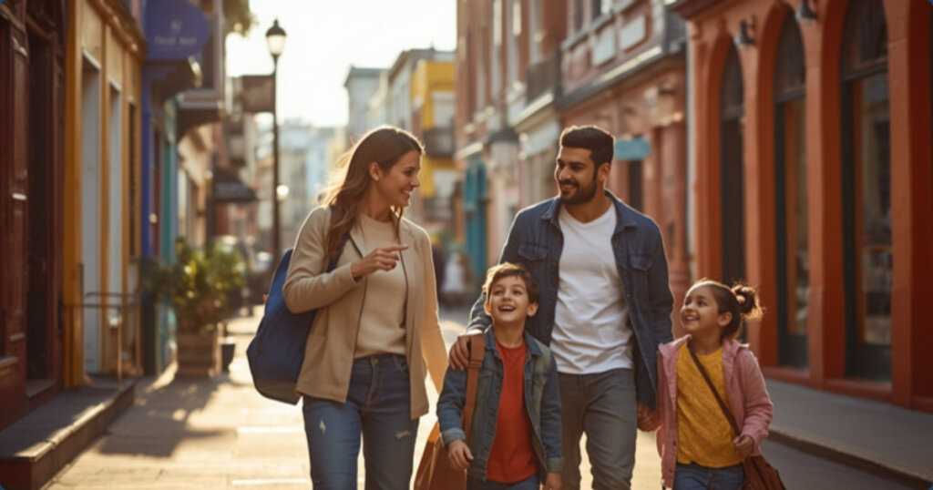 Family exploring their new city together