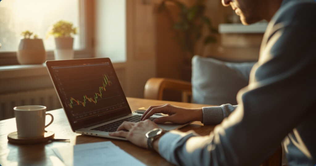 Professional reviewing an investment growth chart on a laptop