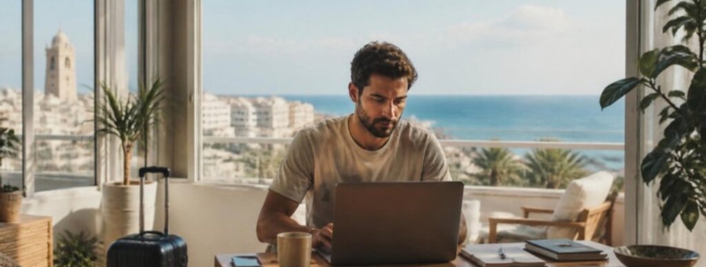 Toshav Chozer Israel 2026: Keep Your Job Safely on Return 2 Toshav Chozer Israel returning resident working on a laptop in a bright apartment overlooking the Mediterranean