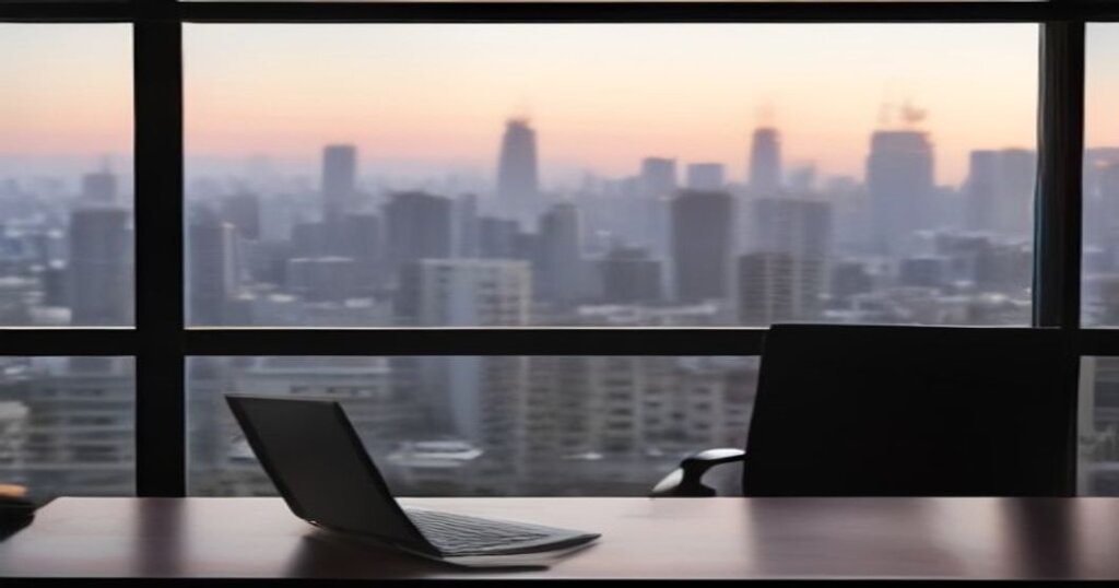 Toshav Chozer Israel returning resident's laptop and desk overlooking the Tel Aviv skyline while keeping a foreign job via EOR