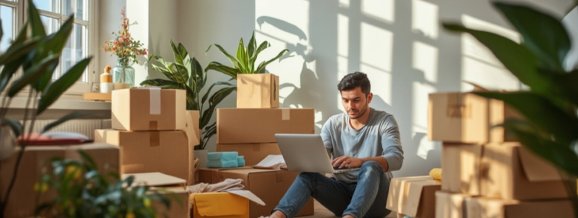 Person sitting among moving boxes working on a laptop