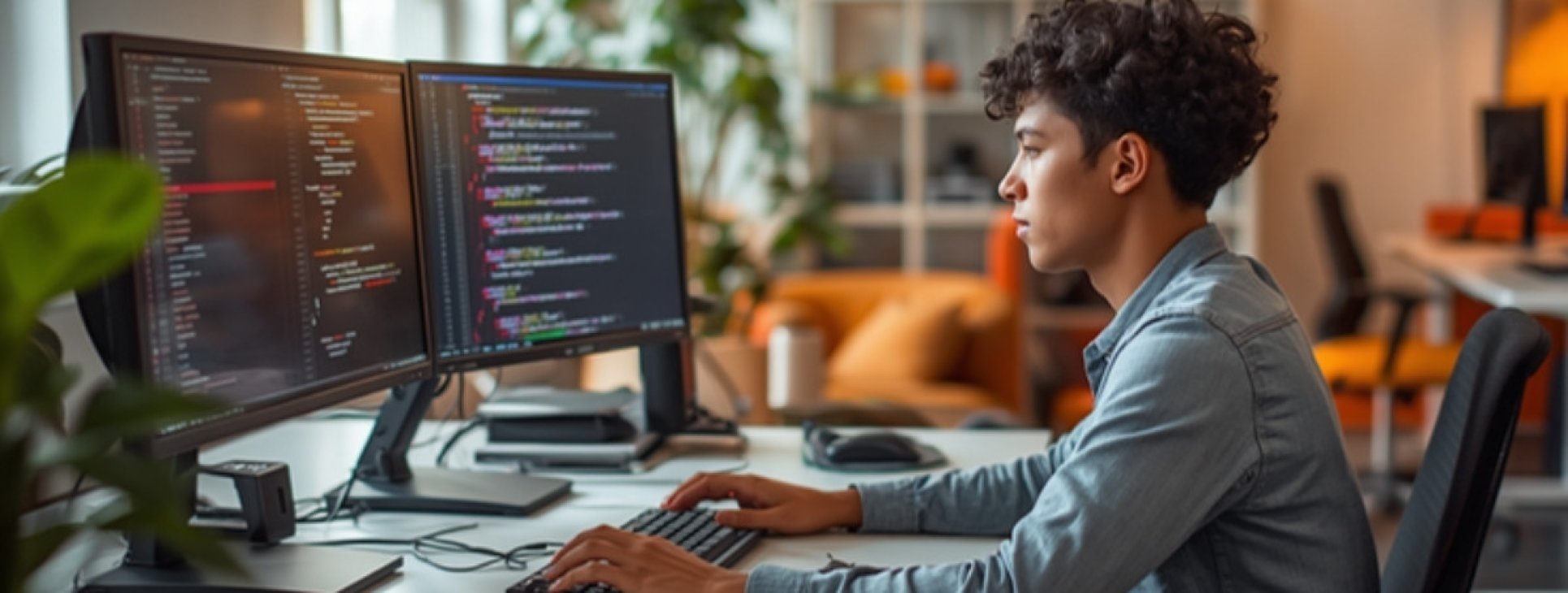 Software engineer working at a multi-monitor desk