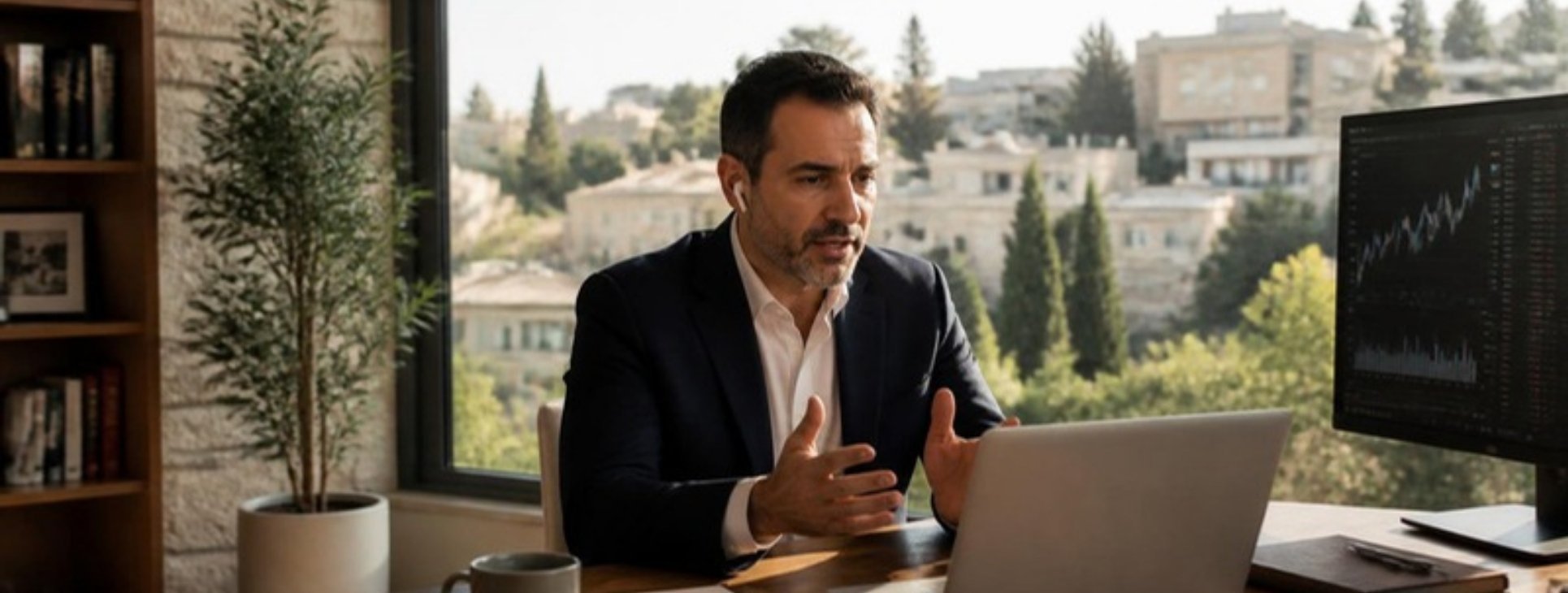 Finance executive on a video call from a Jerusalem home office, working through a CFO aliyah EOR Israel arrangement