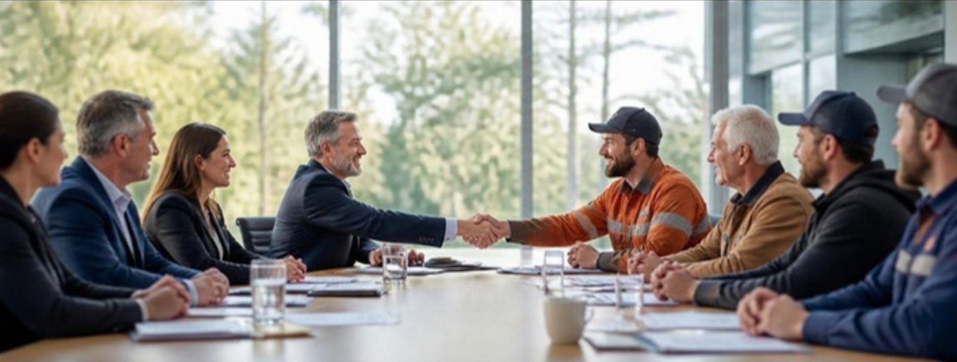 Employer and union representatives shaking hands over a collective labor agreement Israel at a boardroom table