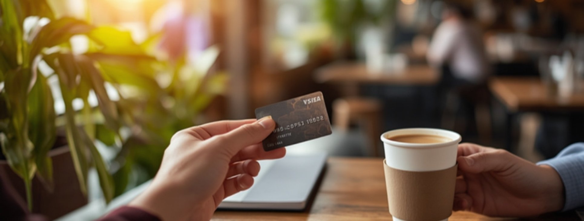 Person paying with a corporate debit card at a cafe