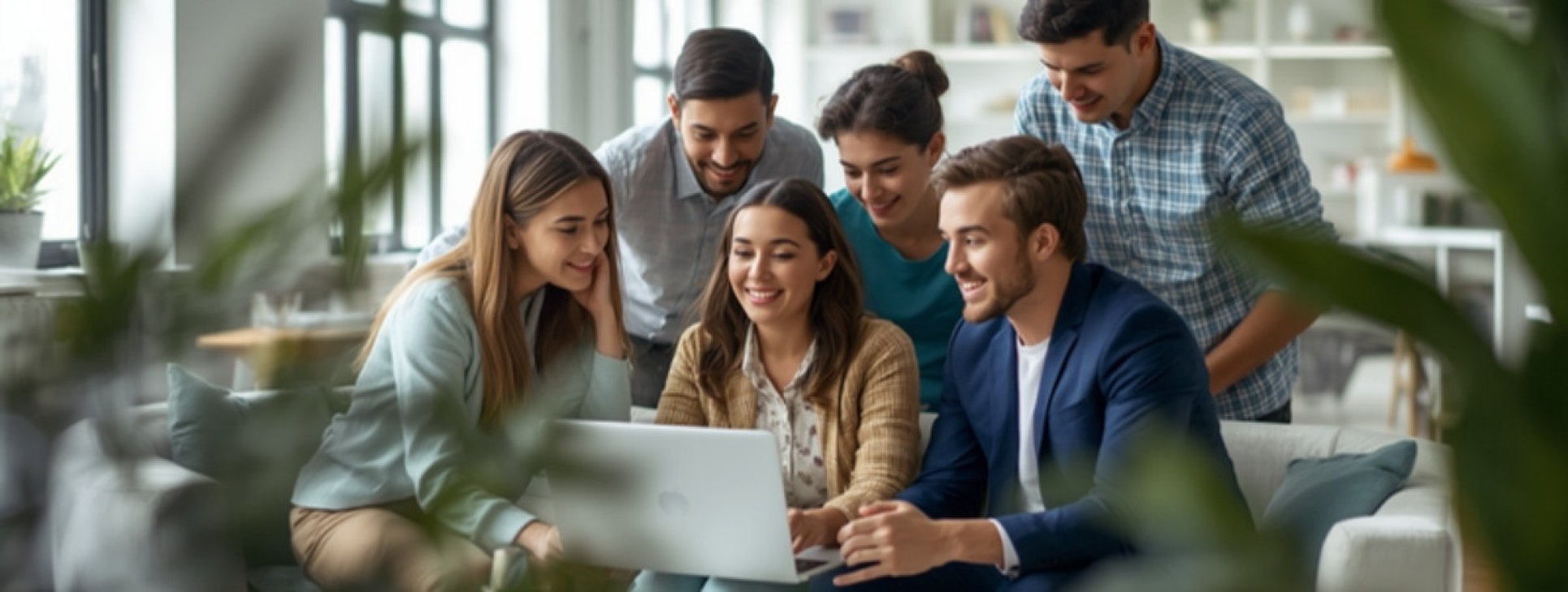 Startup team collaborating around a laptop in a modern office