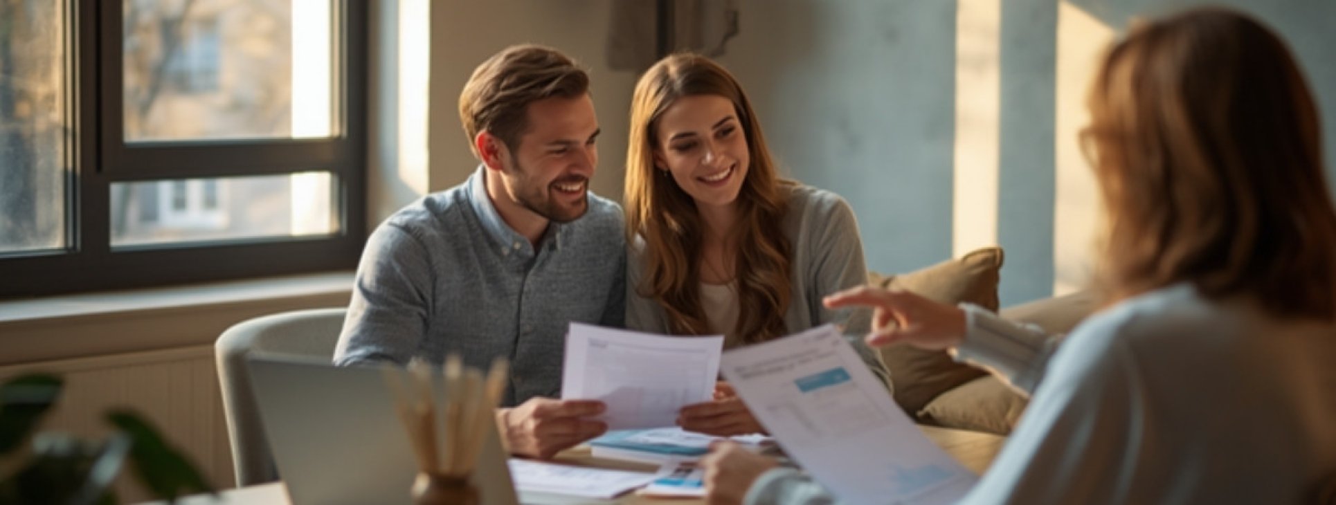Couple reviewing mortgage paperwork with an advisor at a desk