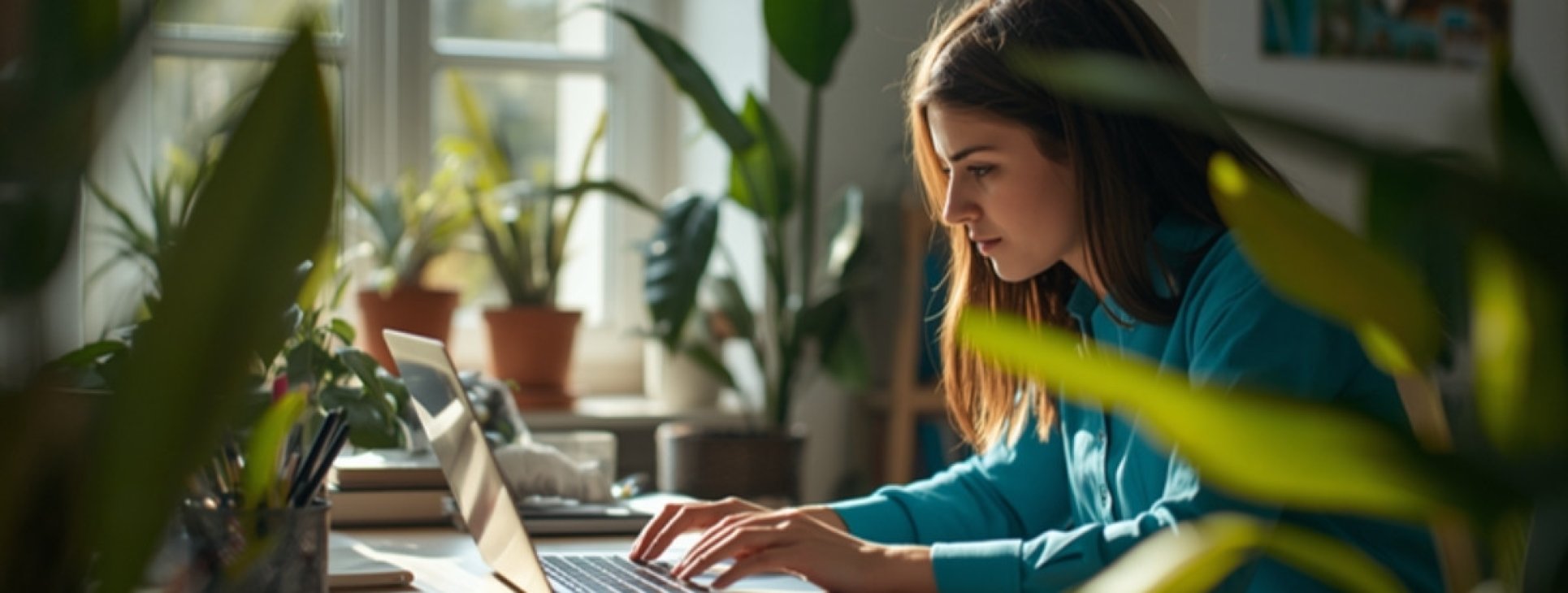 Self-employed freelancer working on a laptop surrounded by plants