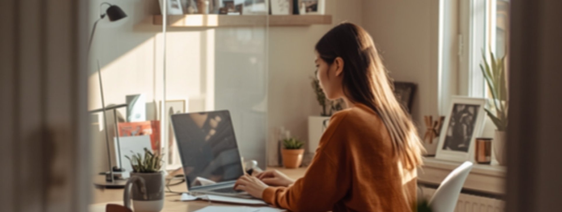Freelancer working at a laptop in a bright home office