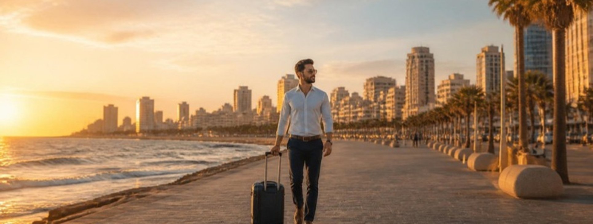 Professional with a suitcase on the Tel Aviv beachfront promenade at sunset, representing global mobility to Israel