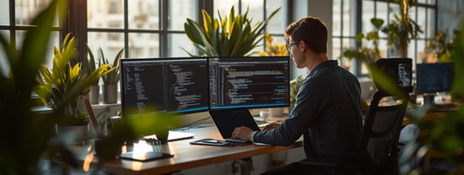 Developer working at a standing desk with multiple monitors surrounded by plants