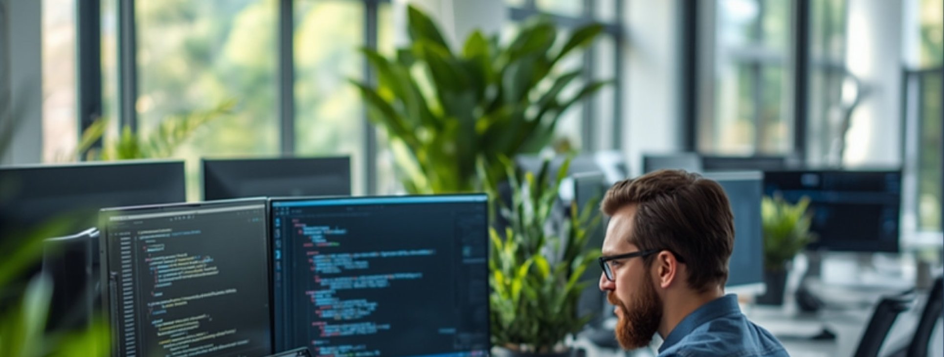 Software engineer working at a multi-monitor desk in a modern office