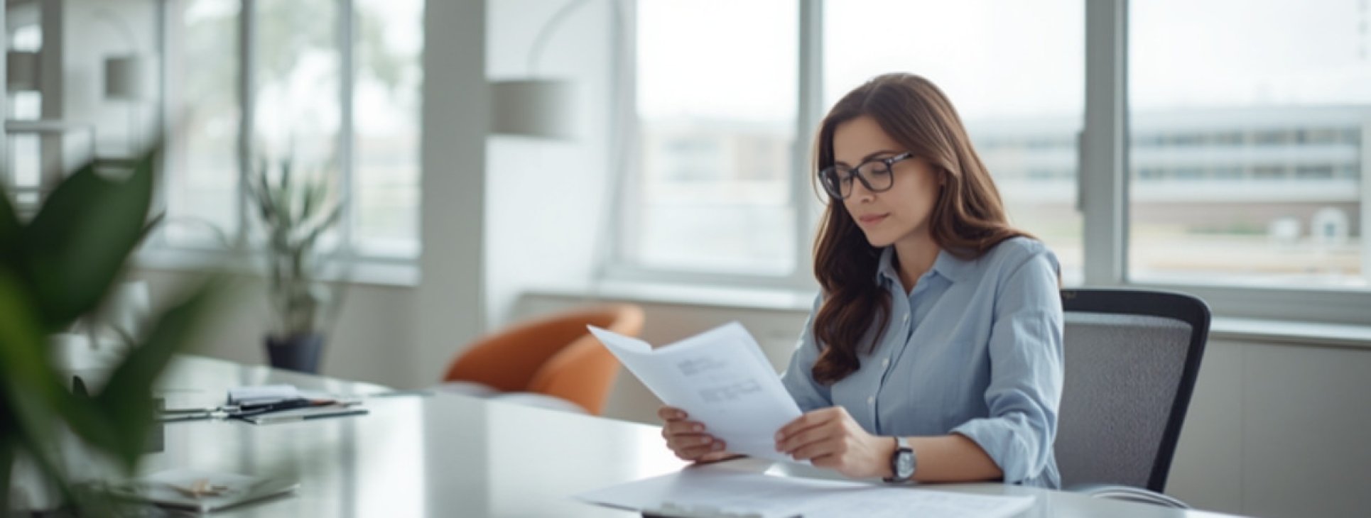 Professional woman reviewing employment paperwork at office desk