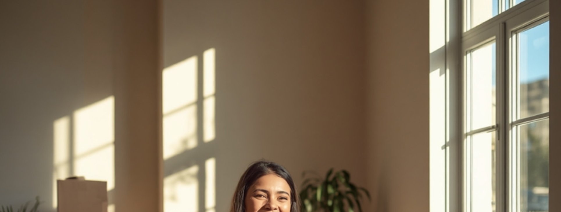 Smiling new immigrant settling into a bright new home