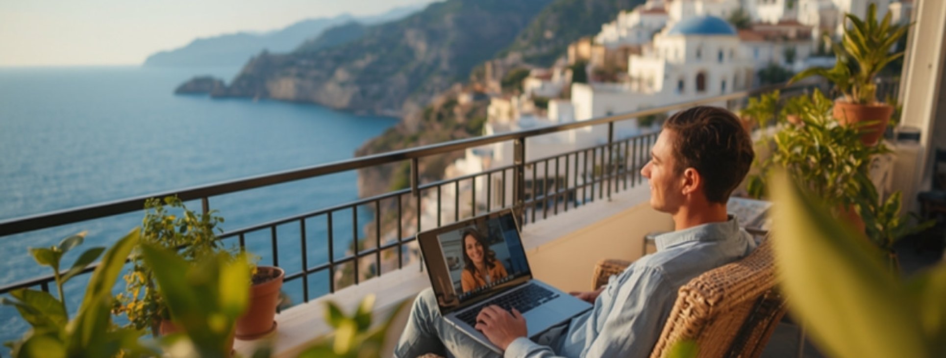 Person on a laptop video call on a balcony overlooking a coastal town