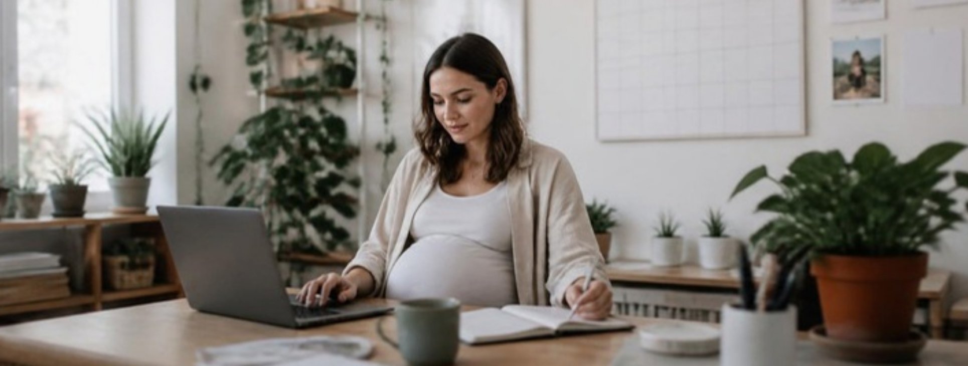 Pregnant freelancer at a bright home office planning maternity leave for Israeli freelancers