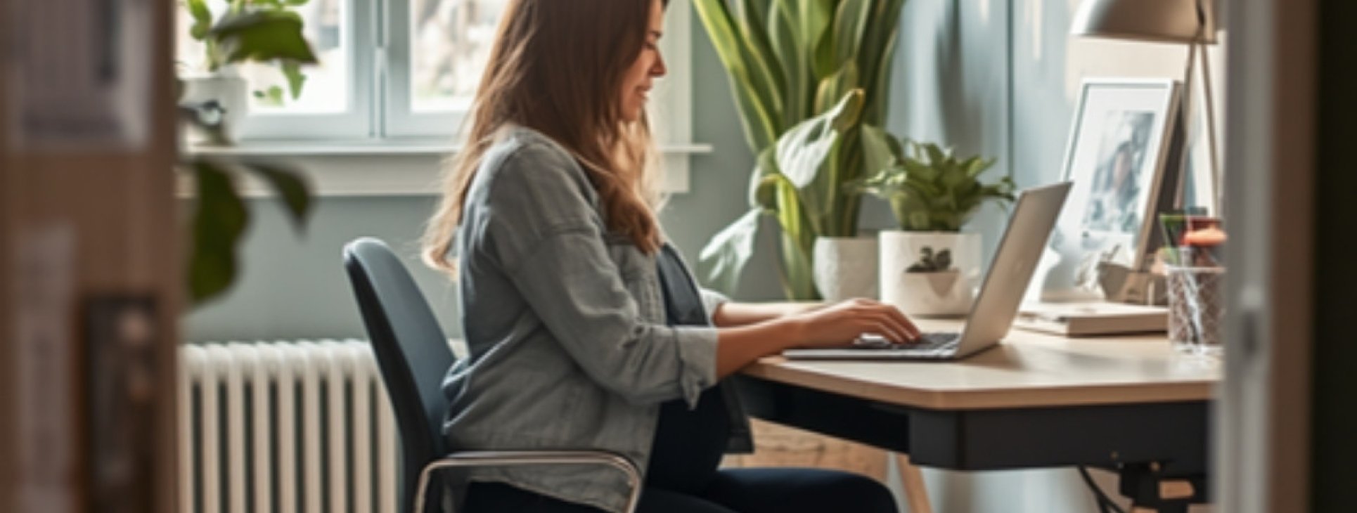 Pregnant professional working comfortably at a home office desk