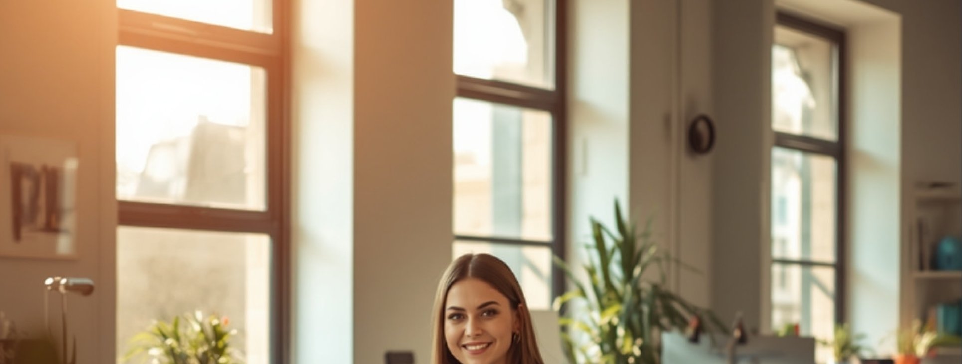 Smiling professional woman working at a desk in a modern office