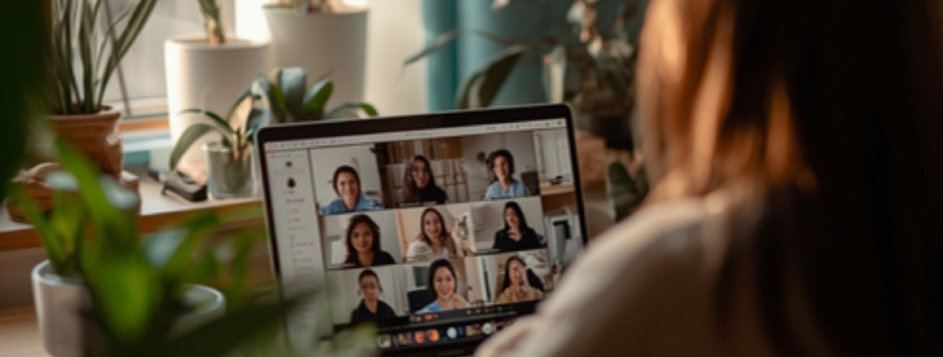 Person on a video call with colleagues from a plant-filled home office