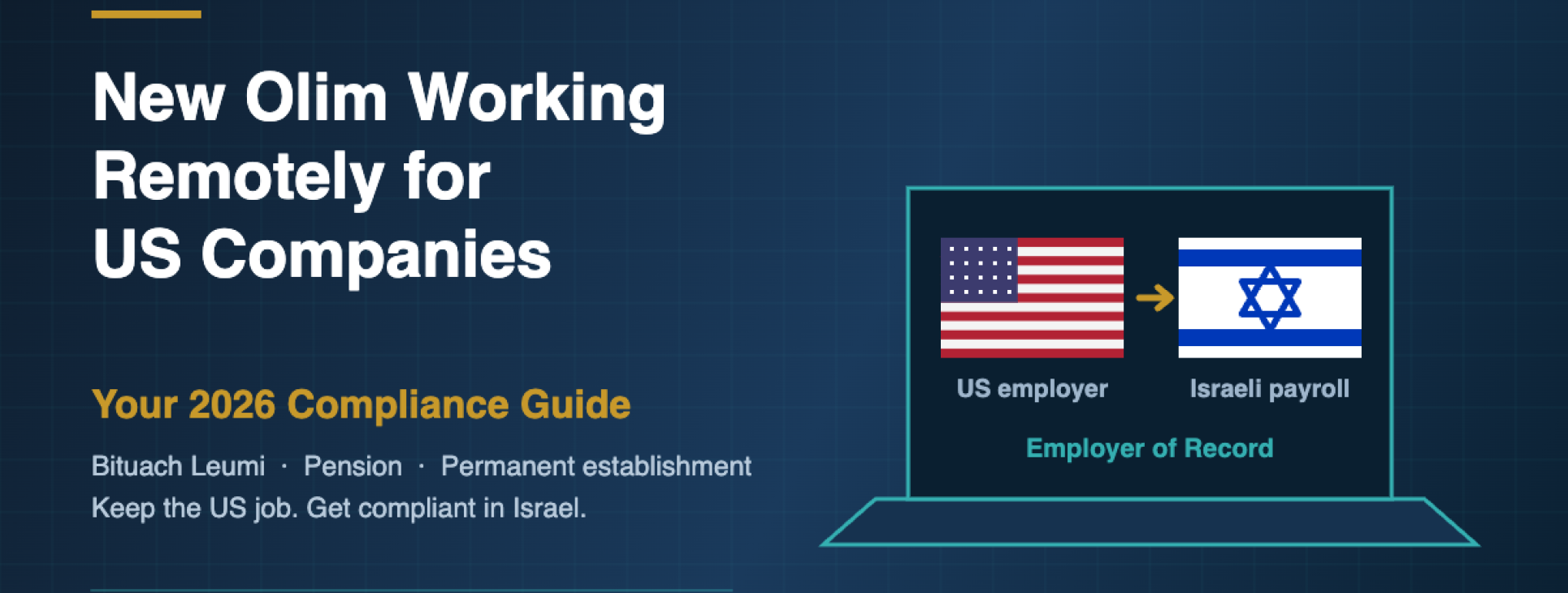 New Olim working remotely for US companies: US flag and Israeli flag on a laptop screen linked by an Employer of Record arrow